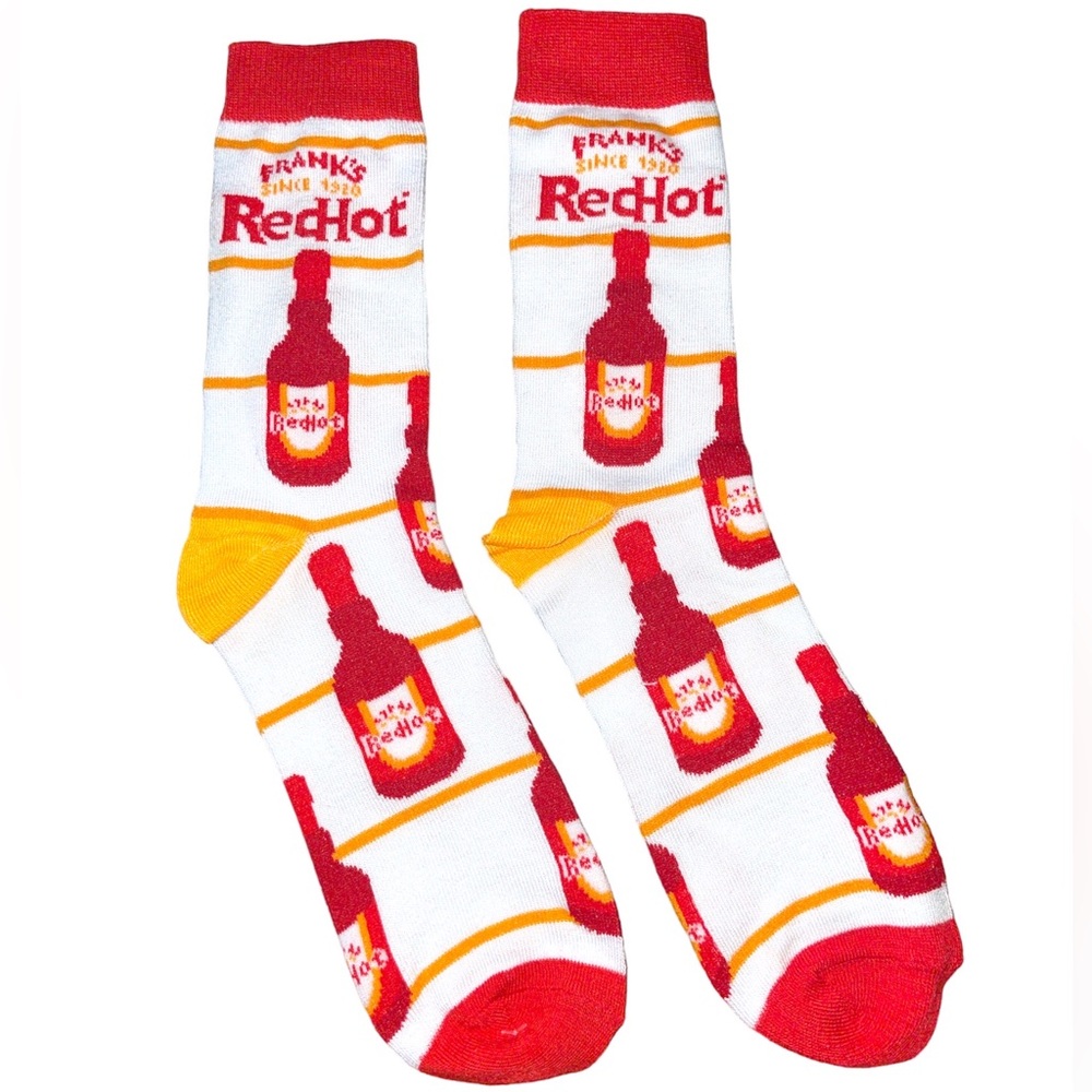 Franks Red Hot Sauce men’s crew socks shoe size 6-12 Funny Gift, Adult unisex
